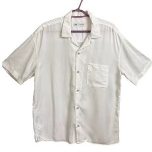 Zara Men's Button Up Camp Shirt Crisp White  Size L Preppy Resort Relaxed Basic